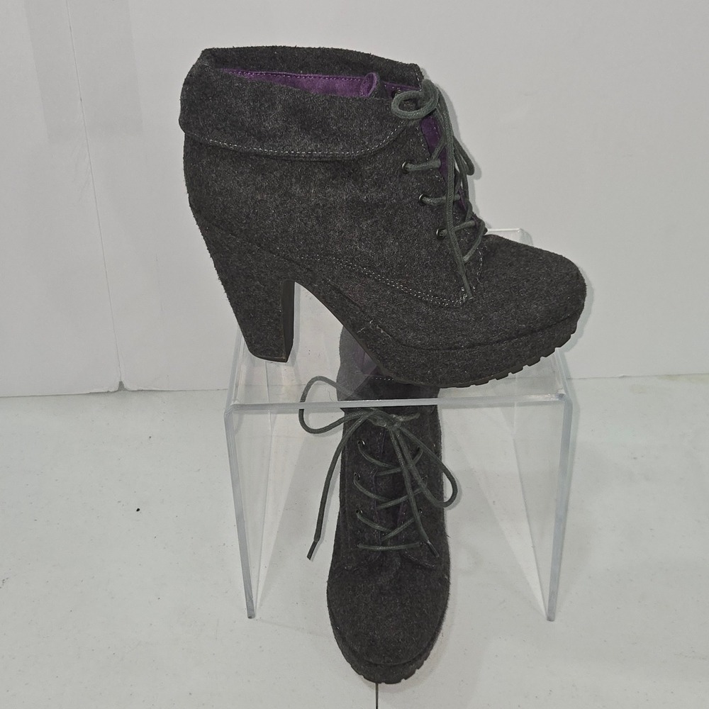 Blowfish Malibu BE001 Gray Felt Lace Up Platform Ankle Boots Womens 8.5 Heel